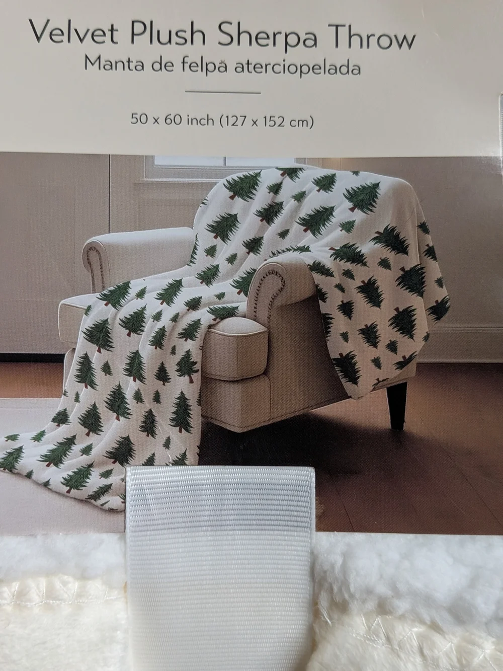 Kirkton House White Velvet Plush Sherpa Throw with Green Tree Motif